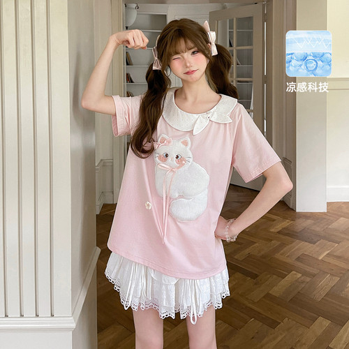 森女部落学院风猫咪贴布设计感娃娃领T恤女抗菌凉感短袖上衣夏季