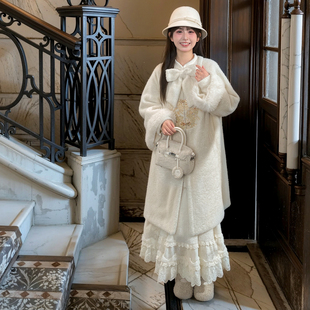 森女部落原创新中式仿貂毛呢子大衣白色外套女气质2026冬新款女装
