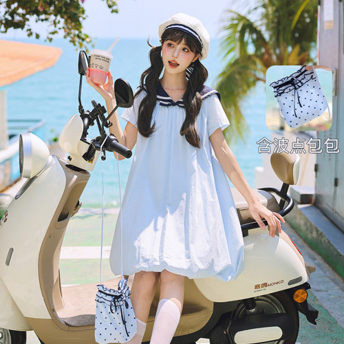 森女部落海军领宽松连衣裙学院风少女软妹花苞裙送包2026新款夏季