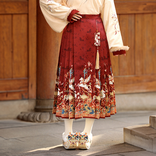 森女部落改良明制新年马面裙女新款 马年印花红色国风拜年穿搭冬季