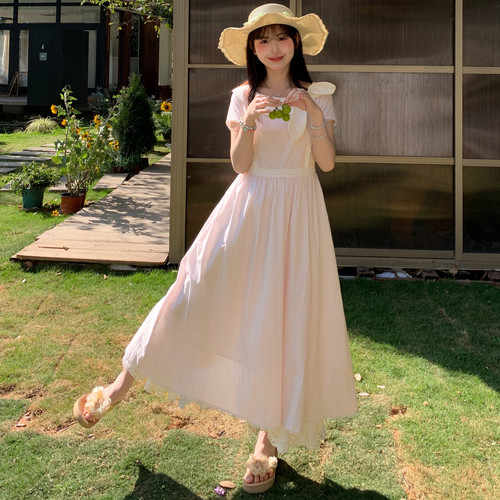 森女部落法式纯棉条纹连衣裙女新款大翻领蝴蝶结设计感甜美长裙夏