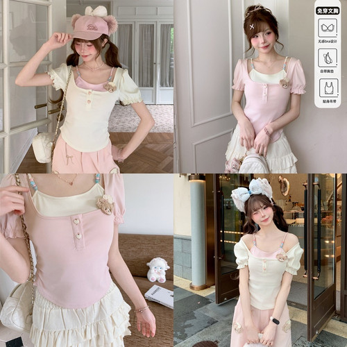 森女部落原创减龄风假两件上衣女甜妹风小熊贴绣修身短款短袖上衣
