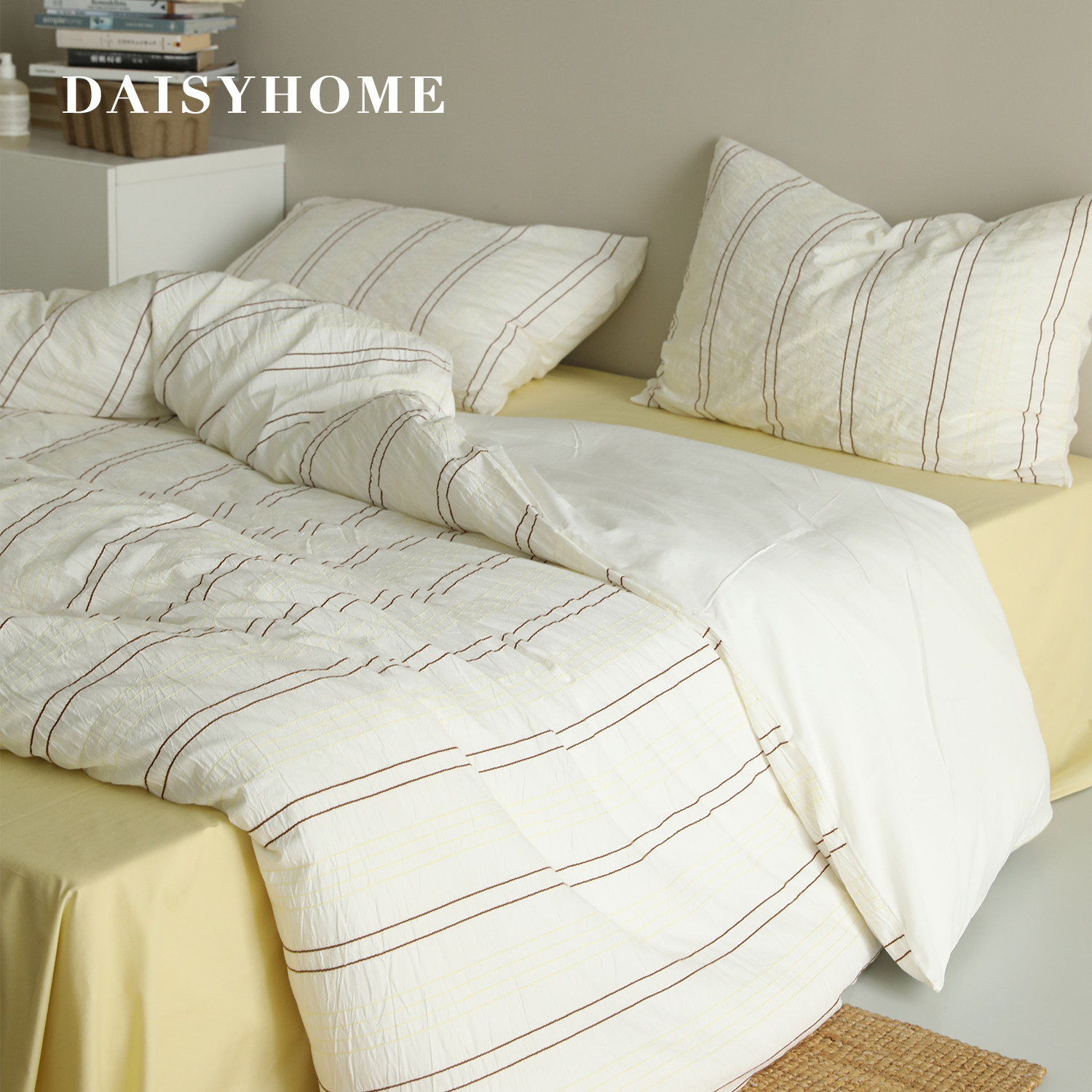 DAISYHOME夏日小众设计感肌理提花条纹撞色清新100全棉床品四件套