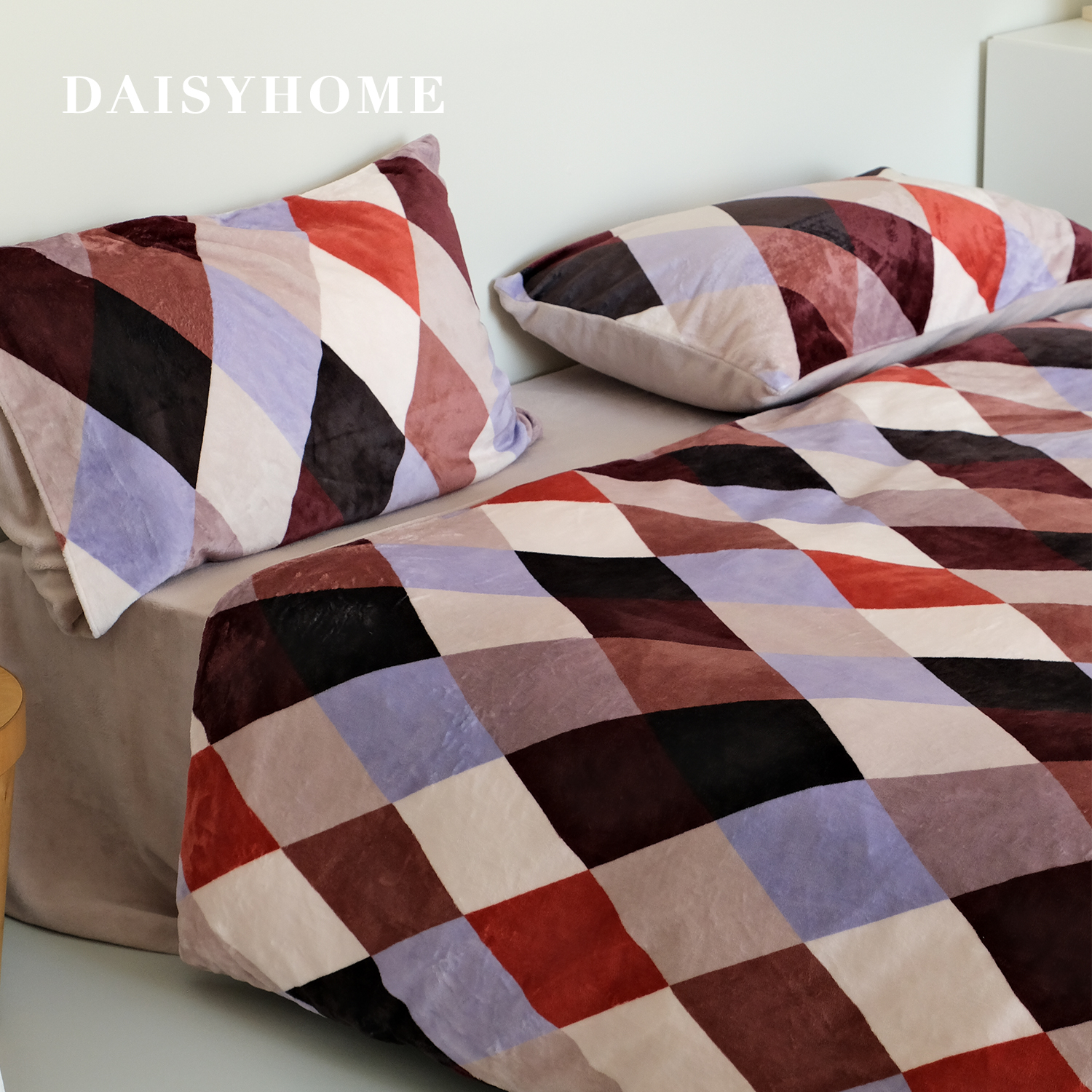 冬季菱形格牛奶绒保暖床单四件套