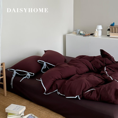 DAISYHOME棕屿与蓝春秋复古安可拉红撞色绑带款针织棉全棉四件套
