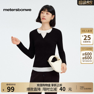 [商场同款]美特斯邦威女春新款撞色圆领拼接假两件宽松显瘦毛衫