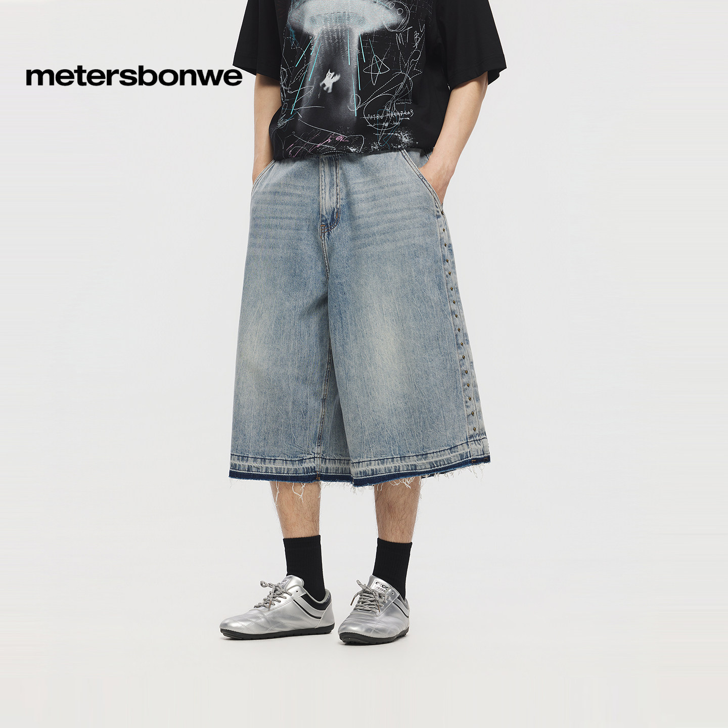 美特斯邦威牛仔裤男2026夏季新款潮流宽松纯棉水洗复古纯色七分裤