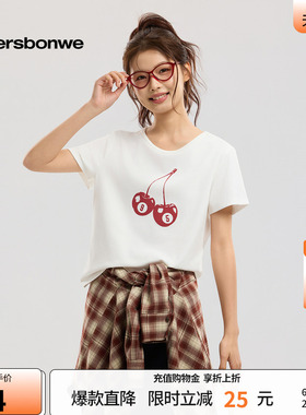 美特斯邦威t恤女2026夏季新款潮流印花圆领休闲白色针织短袖