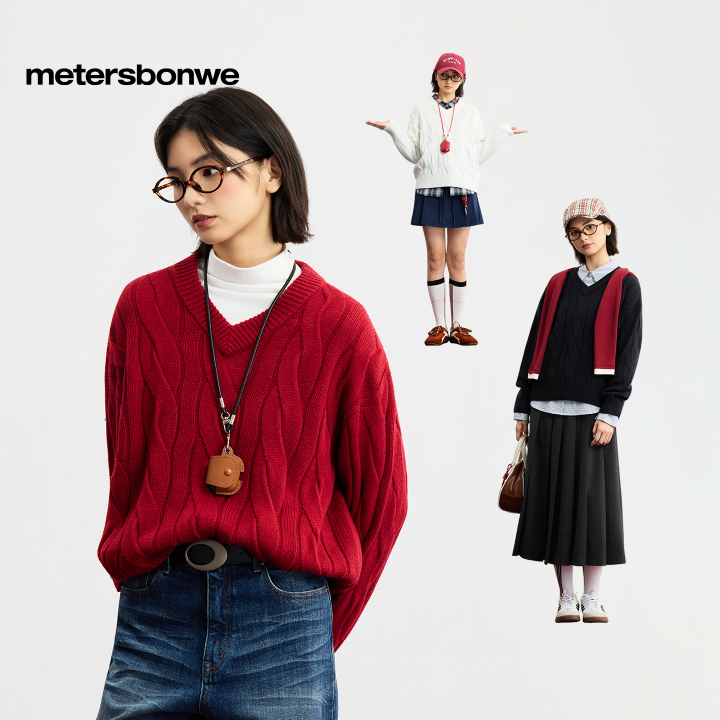 美特斯邦威毛衣女2026春季新款时尚潮流休闲软糯V领麻花纯色毛衫