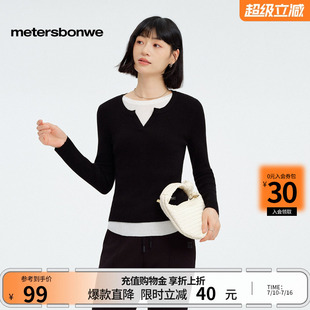 [商场同款]美特斯邦威女春新款撞色圆领拼接假两件宽松显瘦毛衫
