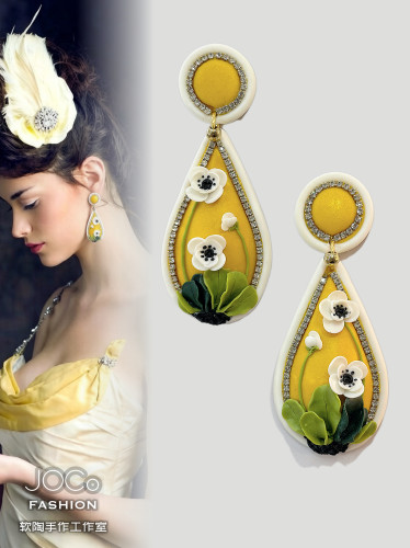 白色虞美人 ｜JOCo Fashion法式复古手工软陶925银针钻链耳环耳饰