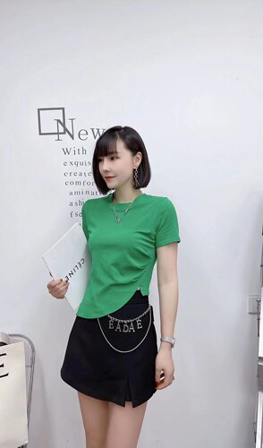 法式小众配项链褶皱弧形不对称衣摆显瘦T恤短袖夏季短款衫女打底