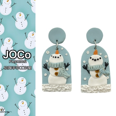 JOCo Fashion｜ins手作耳饰戴围巾的雪人软陶耳环18K镀金耳针