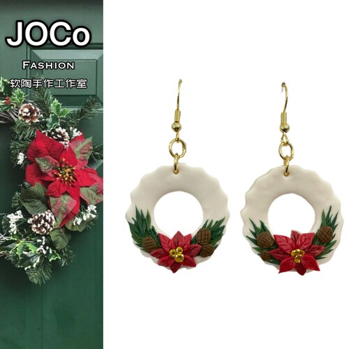 JOCo Fashion｜原创设计手工法式软陶耳饰圣诞花耳环18K镀金耳钩
