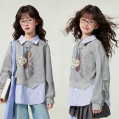 个性 拼接翻领不规则假两件卫衣 领带印花上衣 女童春季 领子可拆哦