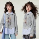 个性 拼接翻领不规则假两件卫衣 领带印花上衣 女童春季 领子可拆哦