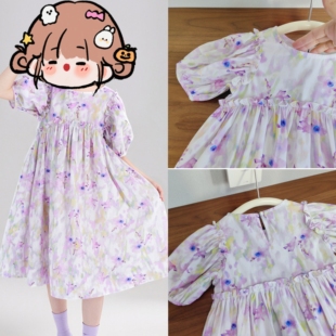 莫兰迪紫色花语 浪漫法式女童纯棉连衣裙 晕染碎花泡泡袖公主裙夏