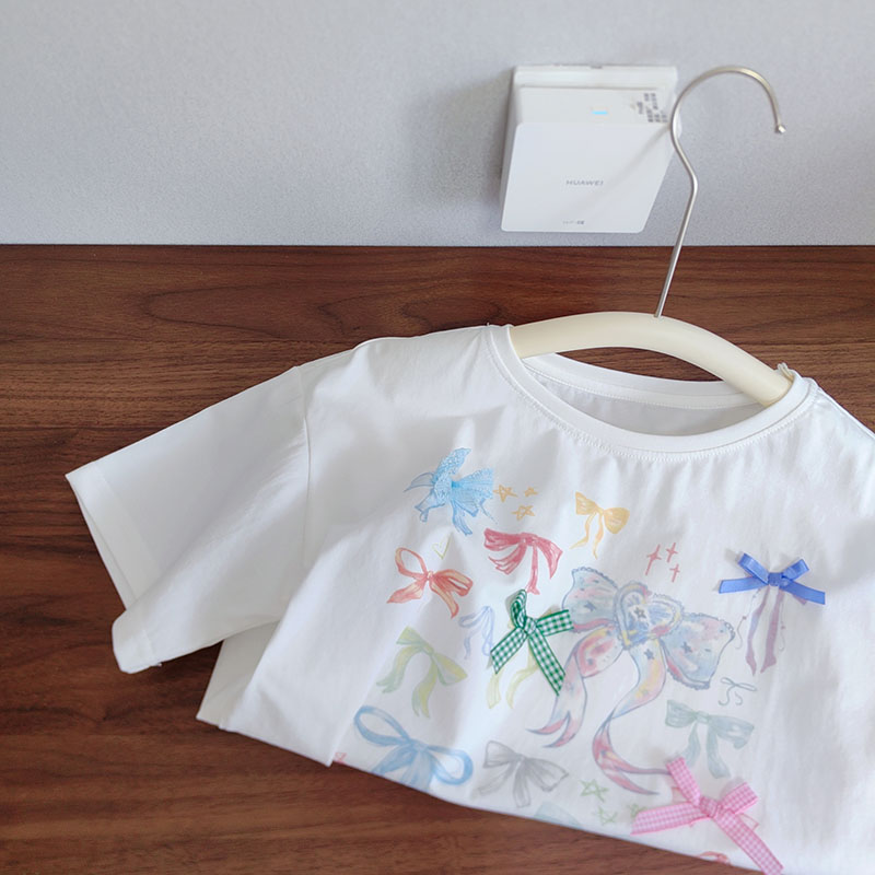 精梳棉 很舒服的面料 女童夏季清新甜美立体蝴蝶结印花短袖白T恤