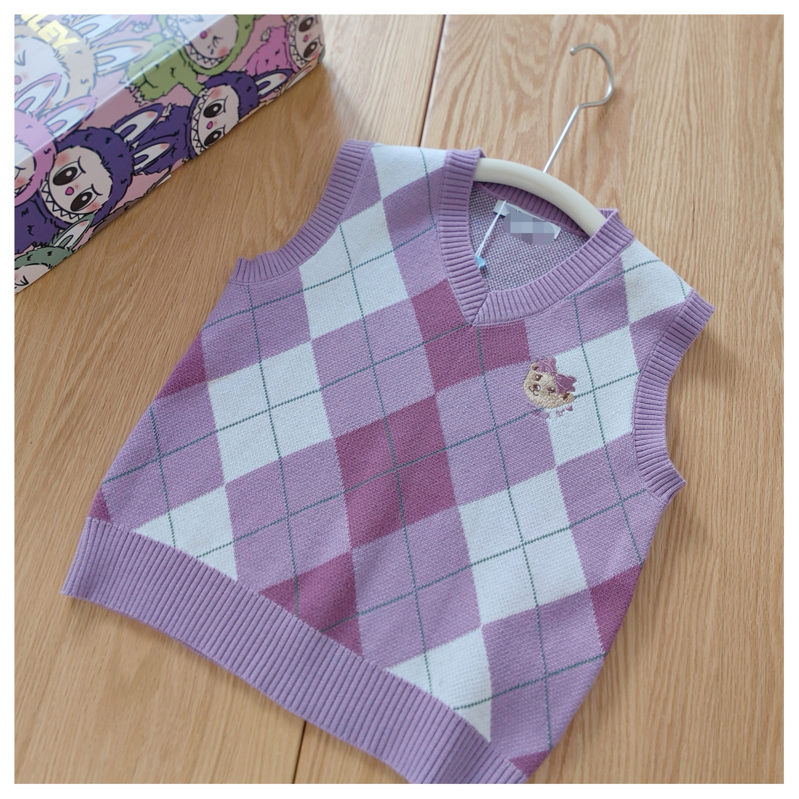 狂欢价 甜美学院风110-160女童秋季V领针织马甲 菱格纯棉背心