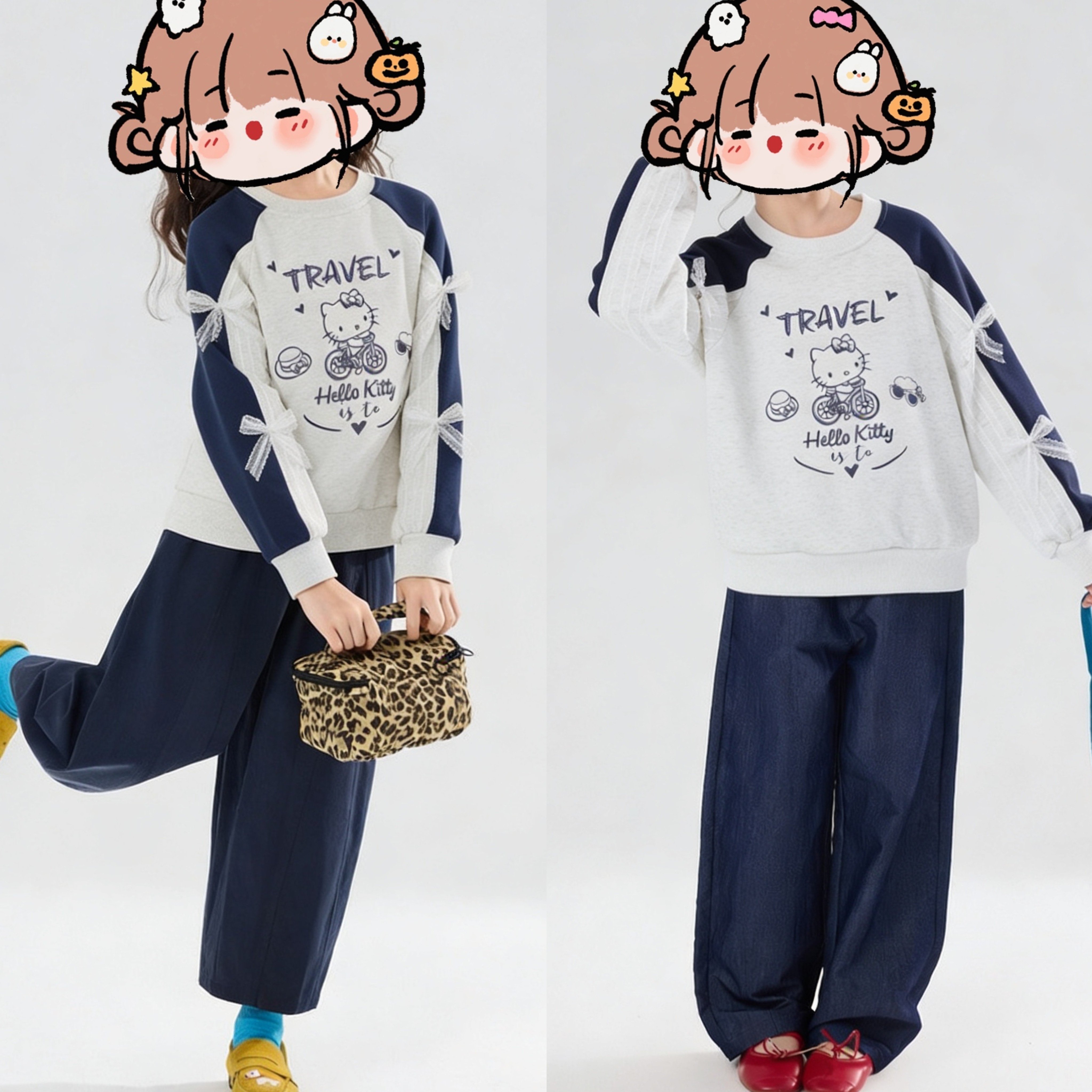 120-160 可爱精灵猫咪印花撞色白蝴蝶结长袖卫衣女童春季套头卫衣