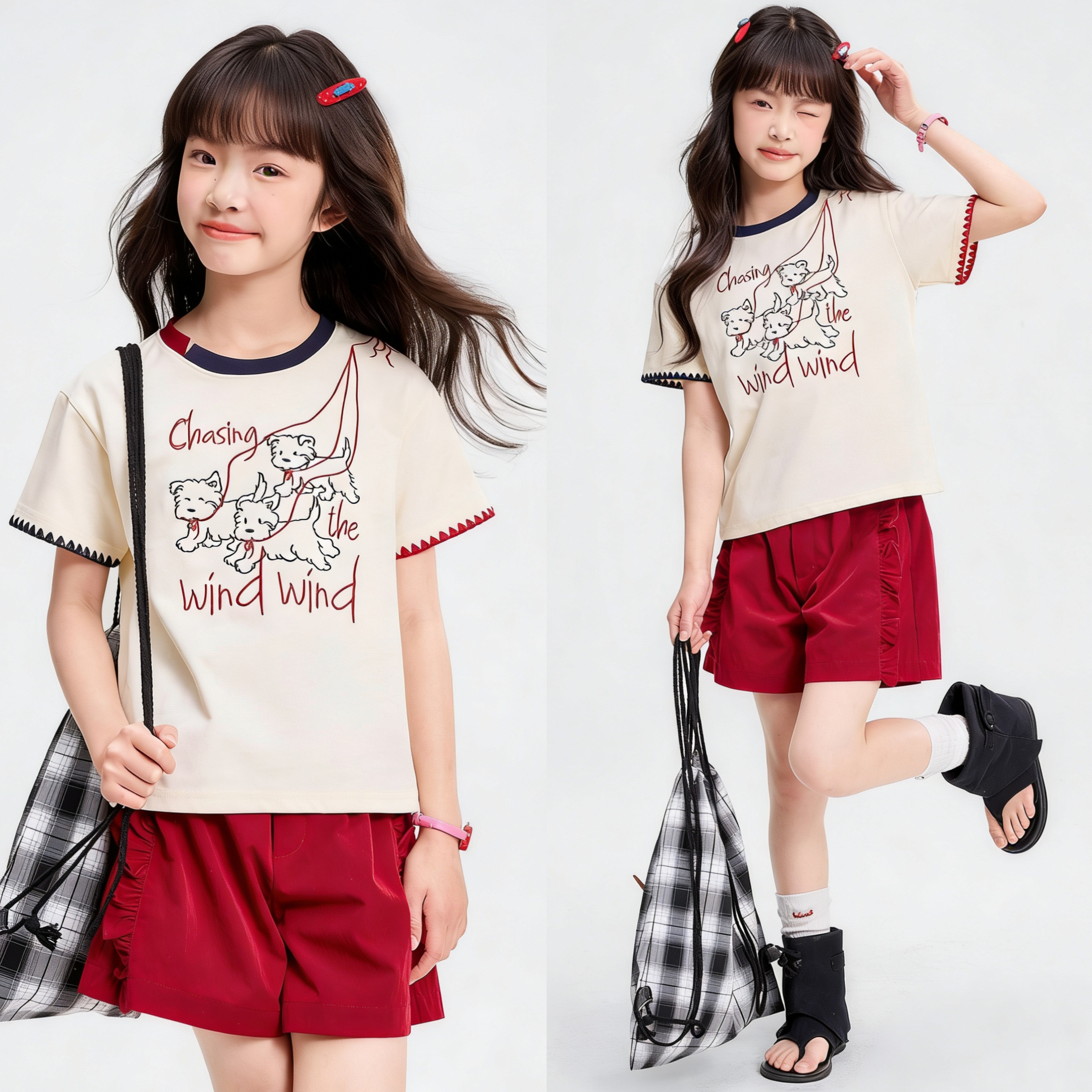 纯棉控推荐！110-170韩系小狗刺绣短袖T恤女夏季个性拼色圆领上衣