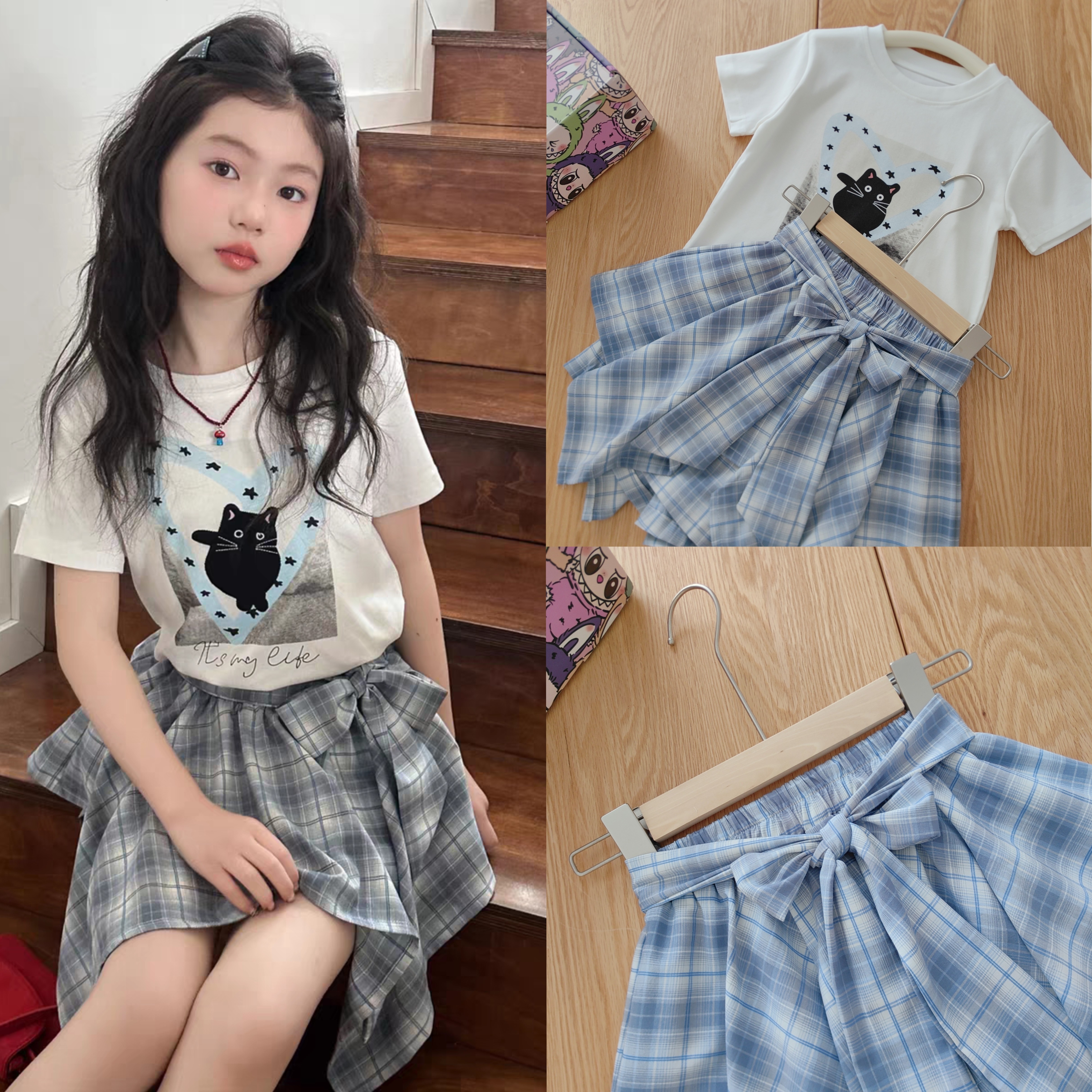 靠谱版本！时尚女童夏季爱心猫咪印花短袖白T恤+不规则格子短裙裤