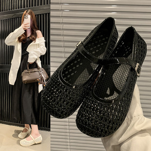 圆头平底鞋 轻便透气玛丽珍单鞋 女 小众编织镂空罗马凉鞋 2025春夏季