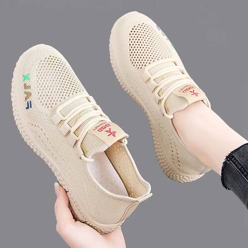 2023夏季透气飞织运动鞋系带休闲运动鞋跑步鞋轻便软底女网鞋