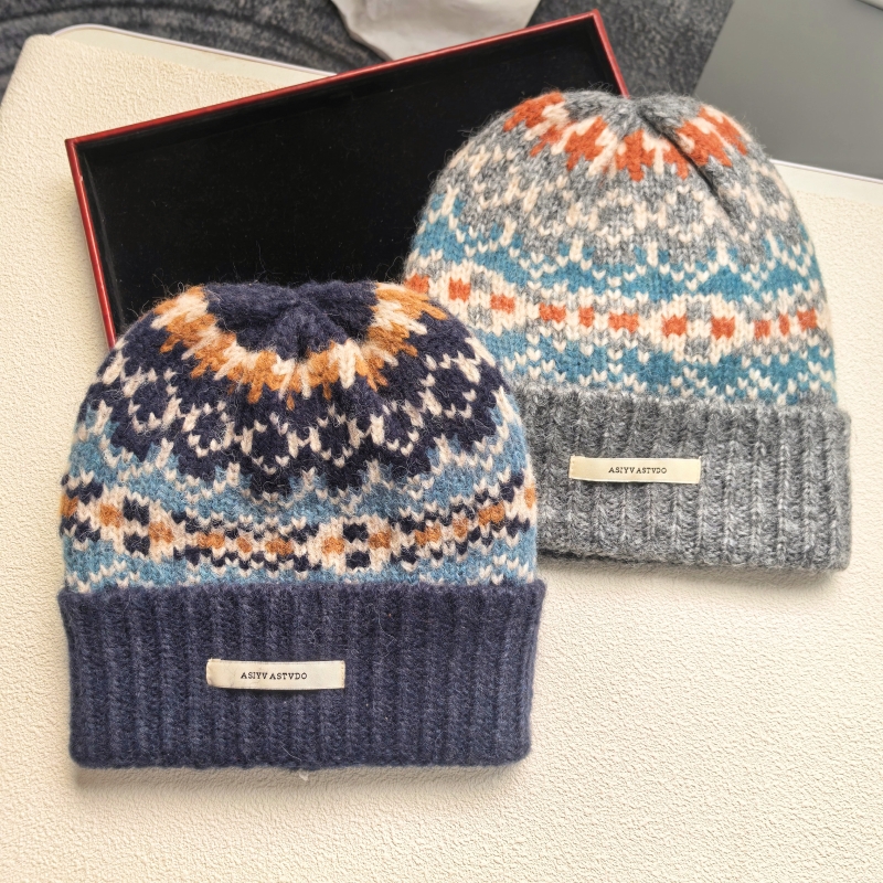 复古费尔岛针织毛线帽