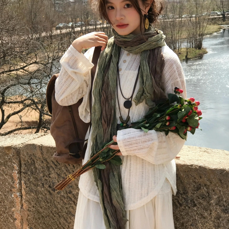 网红扎染棉麻围巾女春秋长款文艺复古褶皱丝巾百搭时尚薄款围脖夏