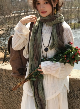 网红扎染棉麻围巾女春秋长款