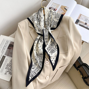 法式头巾斜纹绸仿真丝斜角巾腰果印花女士腰带三角形丝巾复古披肩