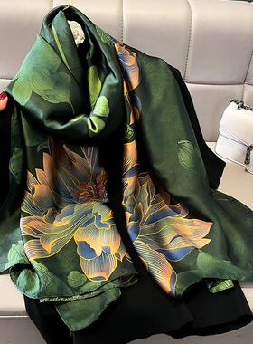 气质墨绿色丝巾女春夏薄款印花仿真丝长款纱巾妈妈护颈围巾披肩秋