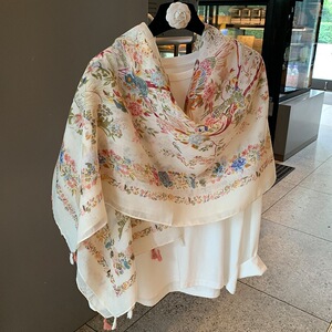 春秋新款棉麻质感印花围巾女夏季防晒遮阳挂须长披肩气质百搭围脖