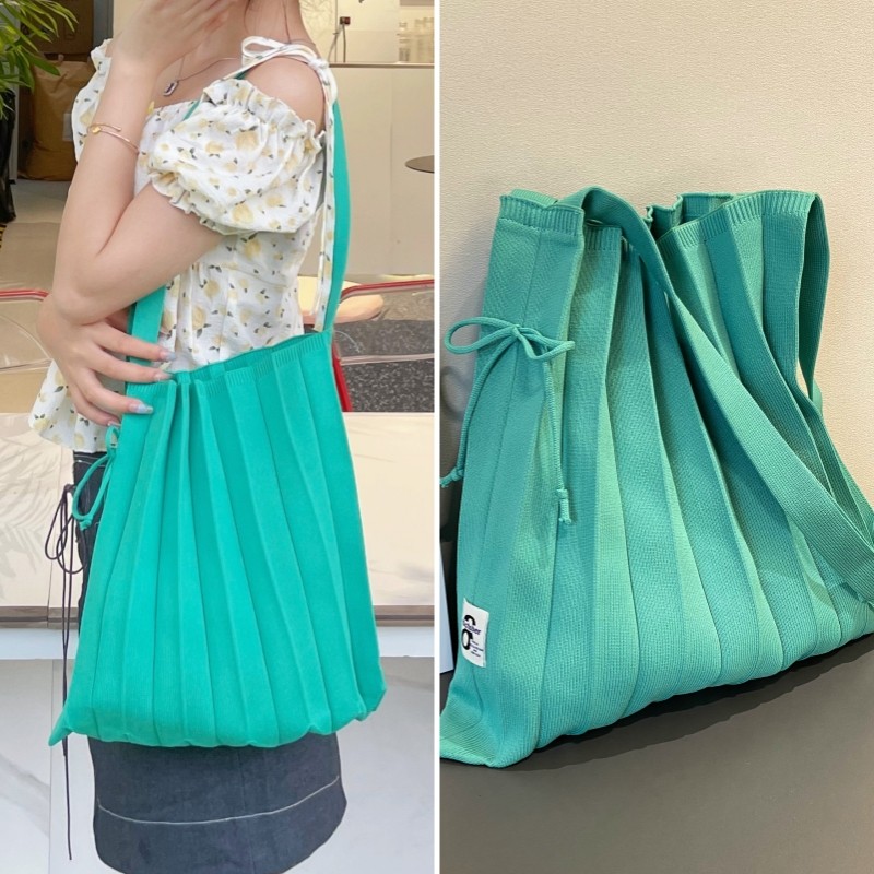 韩国小众设计彩虹包百褶褶皱可折叠女针织单肩包风琴包包手提大号