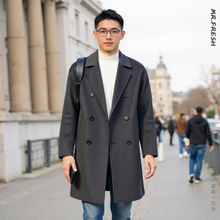 秋冬双面绵羊绒大衣男韩版中长款双排扣落肩宽松羊毛呢子风衣外套