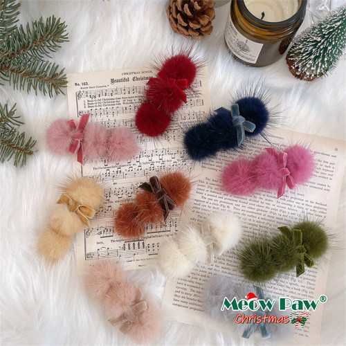 手作水貂毛球蝴蝶结发夹暖冬发饰