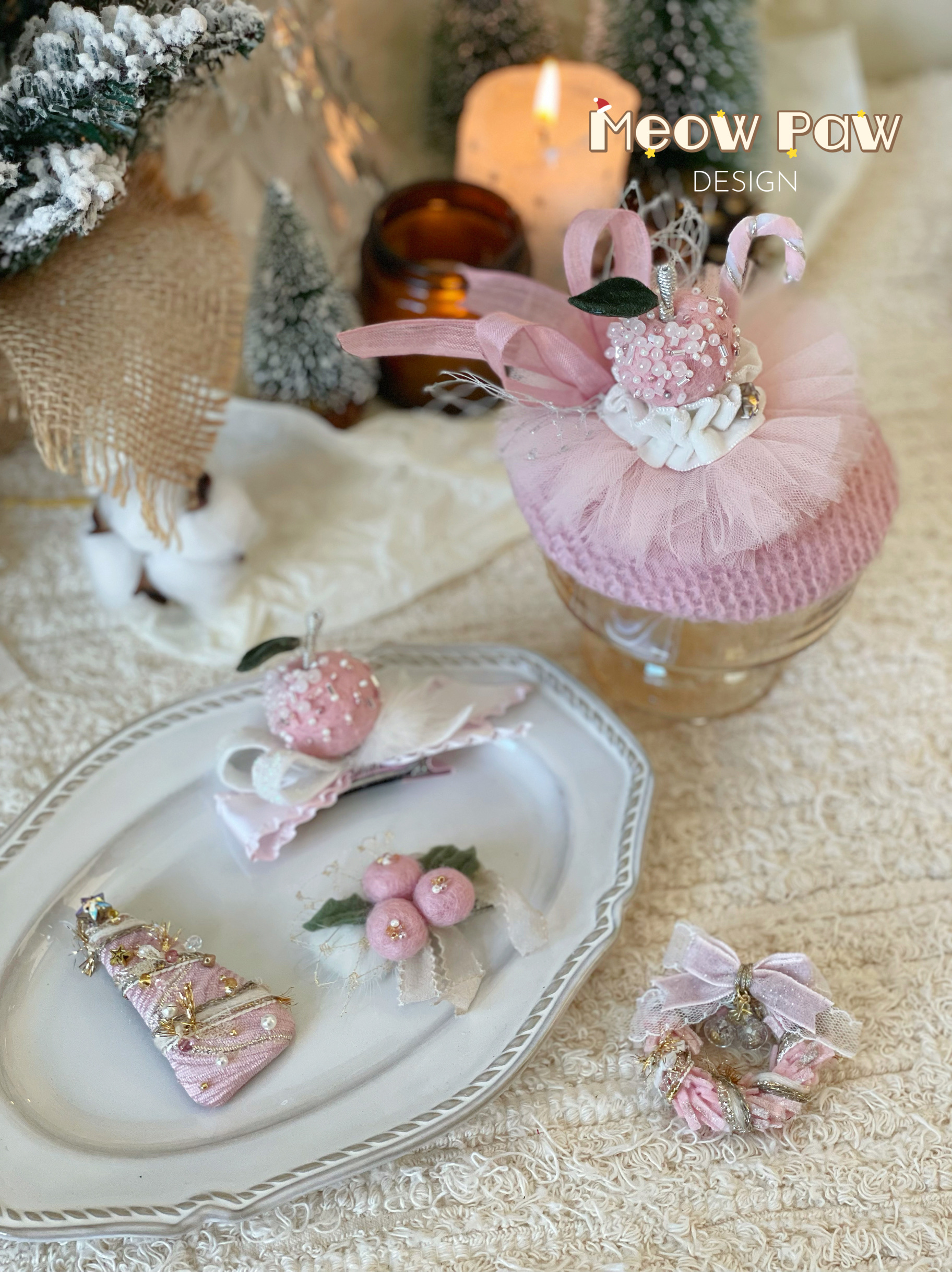 小喵爪手作原创粉色系圣诞节发饰手缝平安果礼帽甜美圣诞儿童发饰