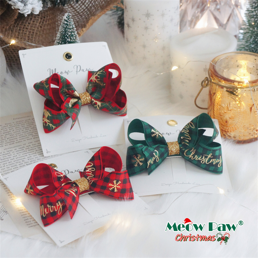 红绿色烫金圣诞节蝴蝶结头饰发夹