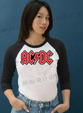 AC DC Unisex Baseball T Shirt摇滚乐队印花插肩纯棉宽松男女T恤
