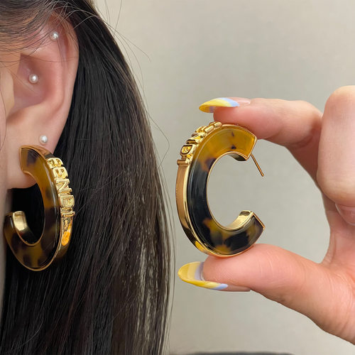 时尚复古金属字母豹纹C形925银针气质高级个性复古小众氛围感耳饰