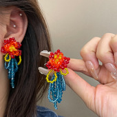 复古彩色水晶撞色编织花朵耳环气质法式 串珠小众设计浪漫配色耳坠