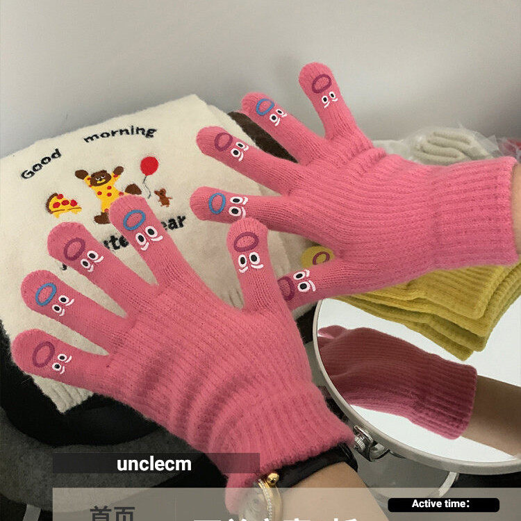 手套冬季保暖学生韩版可爱女加绒加厚骑车五指可触屏防寒棉手套粉