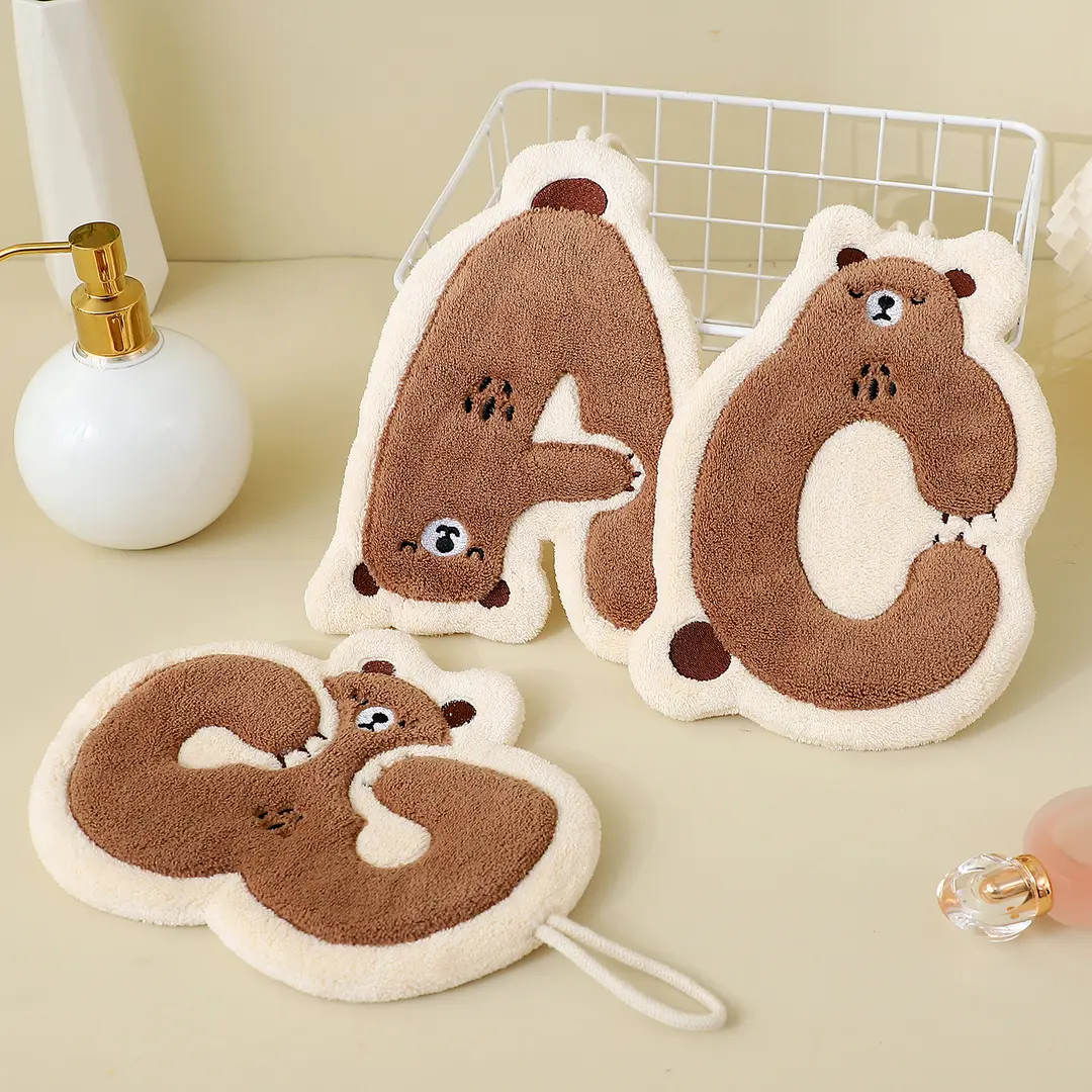 卡通小熊字母珊瑚绒刺绣擦手巾可挂擦手小毛巾吸水速干擦手巾,居家日用,居家日用套装,淘宝优惠券,粉丝福利购,淘宝优惠卷