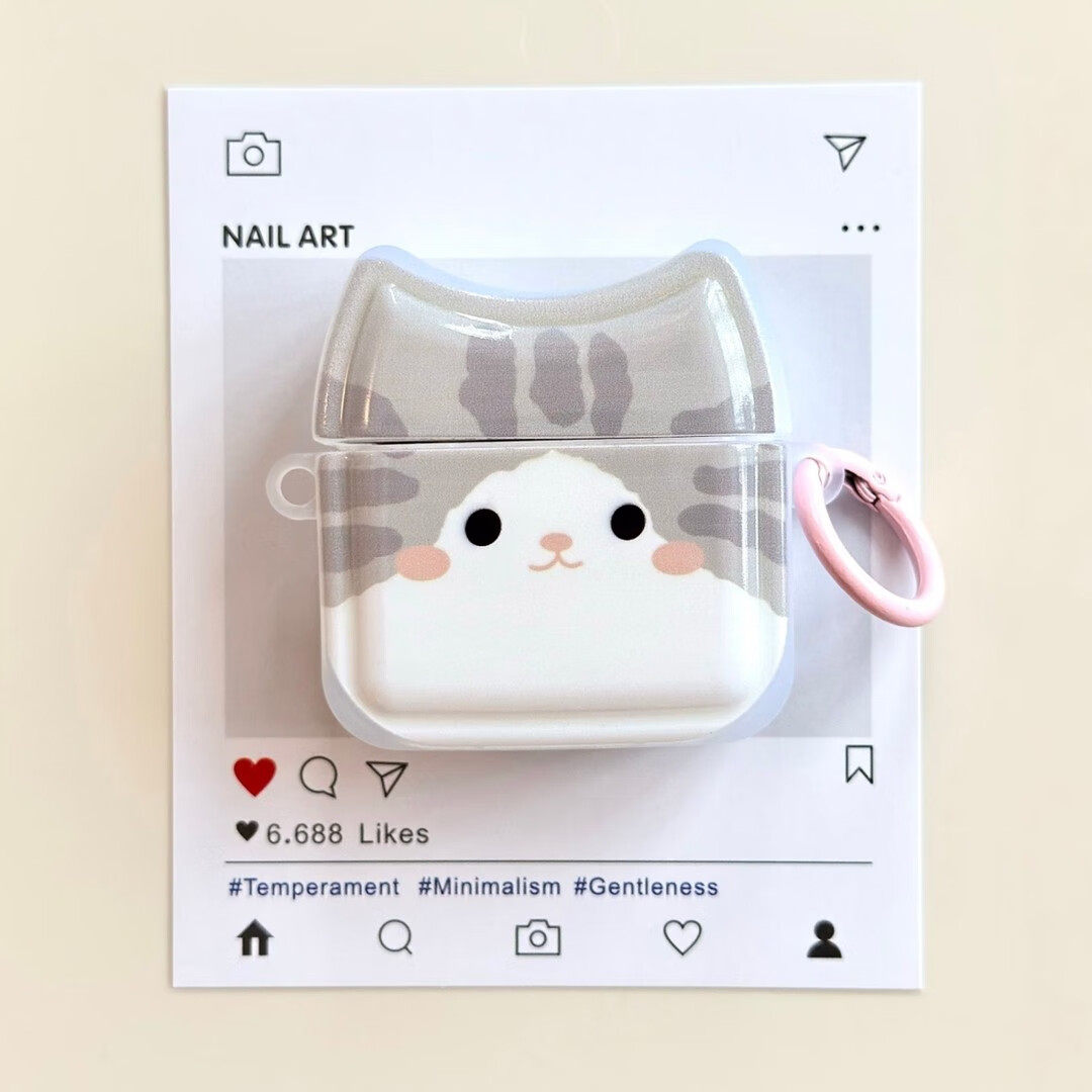 卡通ins灰色小猫韩系适用于AirPodsPro2/3/4代 蓝牙耳机保护壳二