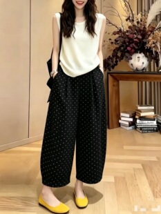 波点阔腿裤女2026夏新款胖MM的薄裤子宽松慵懒风垂感八分直筒裤