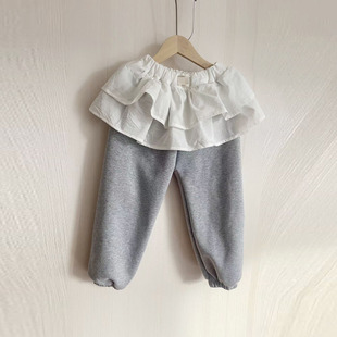 秋冬女童假两件花边屁帘加绒束脚休闲加绒卫裤