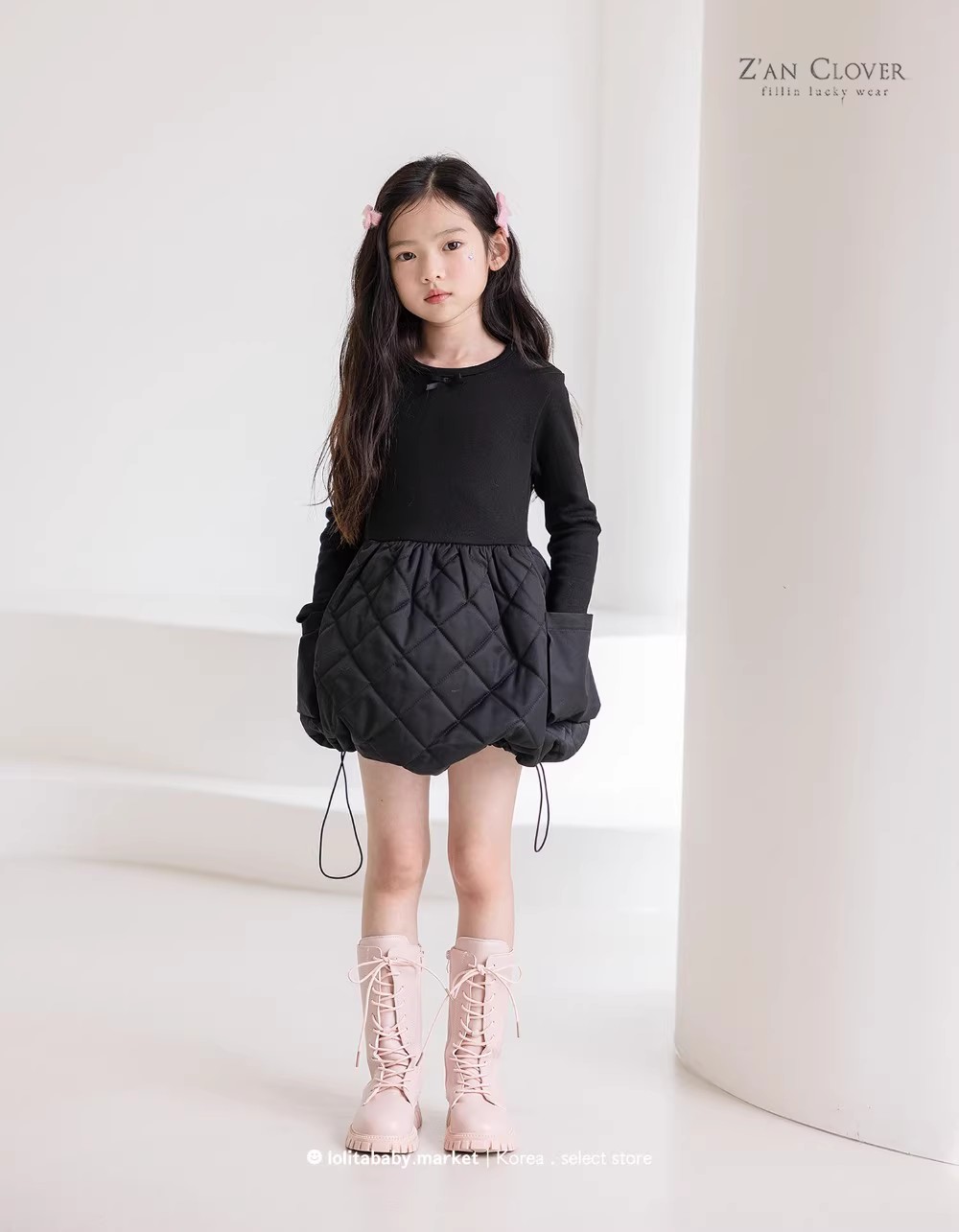 韩版童装冬女童小中大童纯色抽绳长袖连衣裙