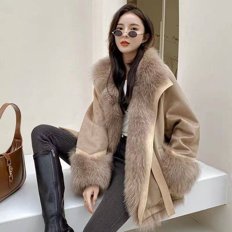 麂皮绒拼接狐狸毛皮草内胆派克服外套女中长款2026新款小个子年轻
