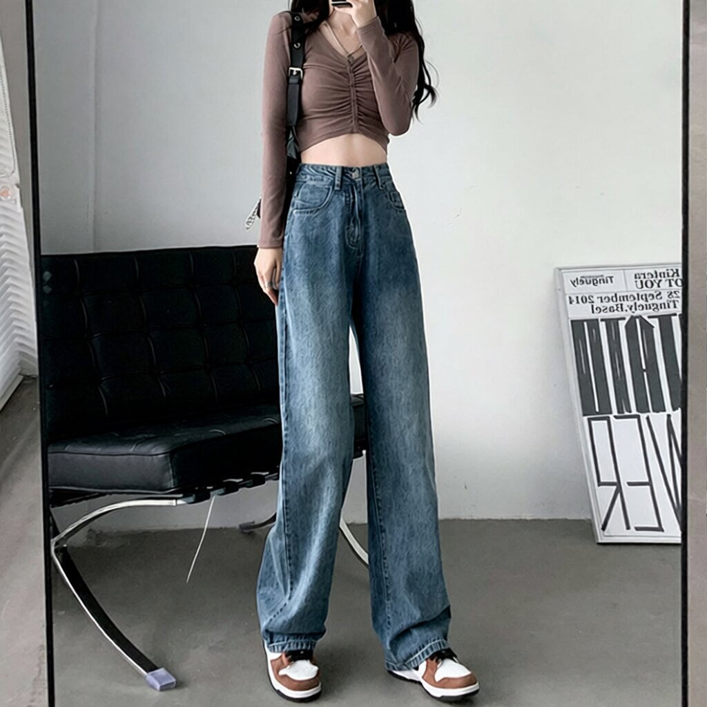 韩版垂坠感阔腿牛仔裤女秋冬高腰新款宽松直筒显瘦大码拖地长裤子